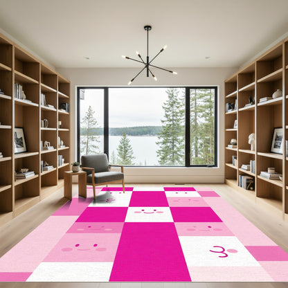 Pink White Checkered Cheerful Faces Rug