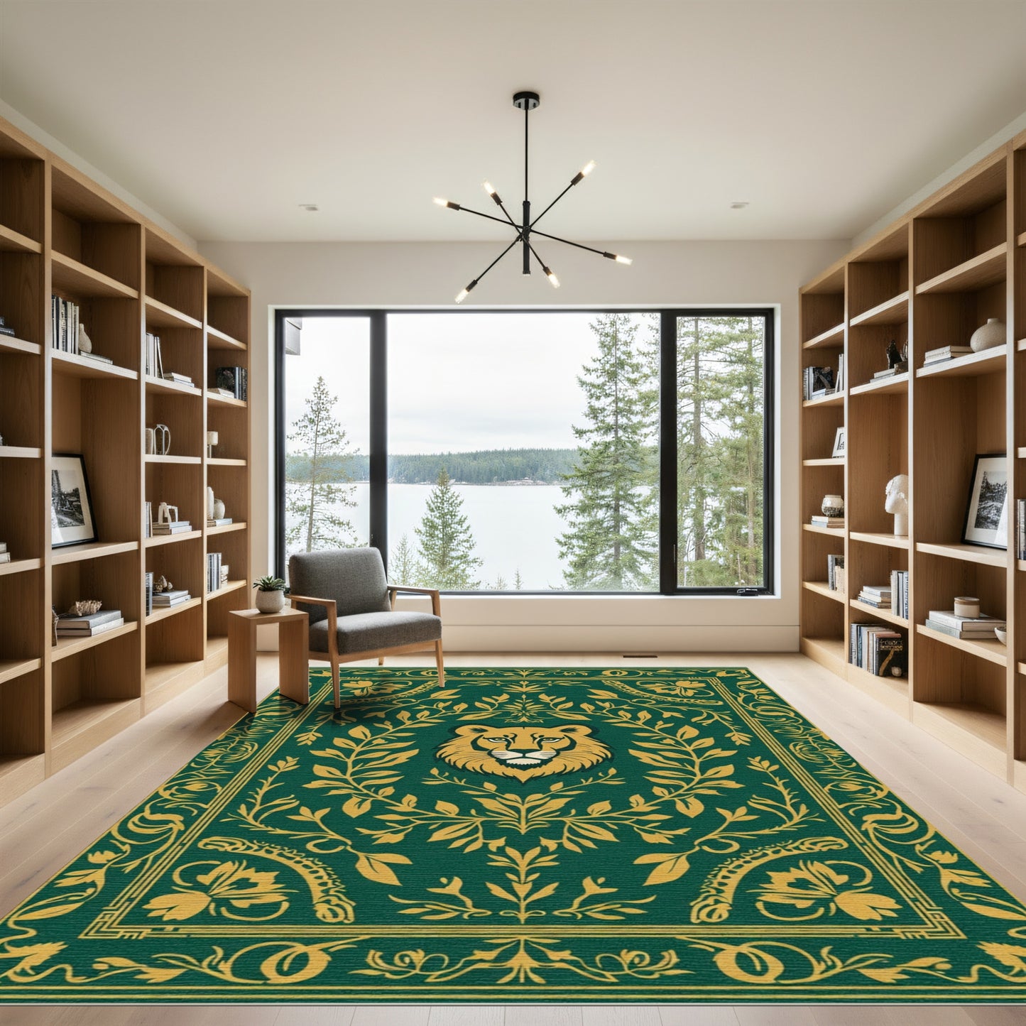 Emerald Gold Lion Floral Border Rug