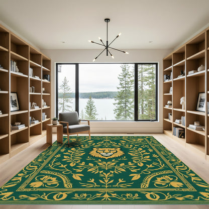 Emerald Gold Lion Floral Border Rug