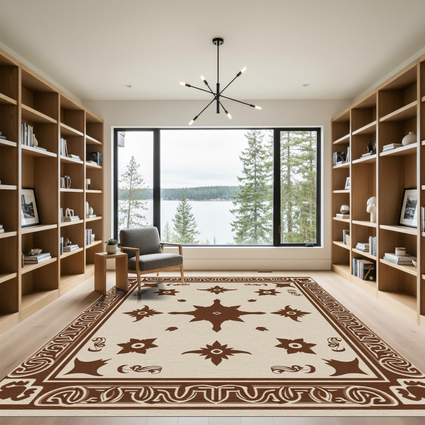 Brown Ivory Star Floral Border Rug