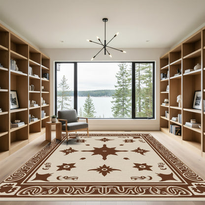 Brown Ivory Star Floral Border Rug