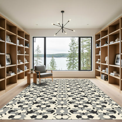 Cream Black Gray Abstract Repeating Shapes Rug