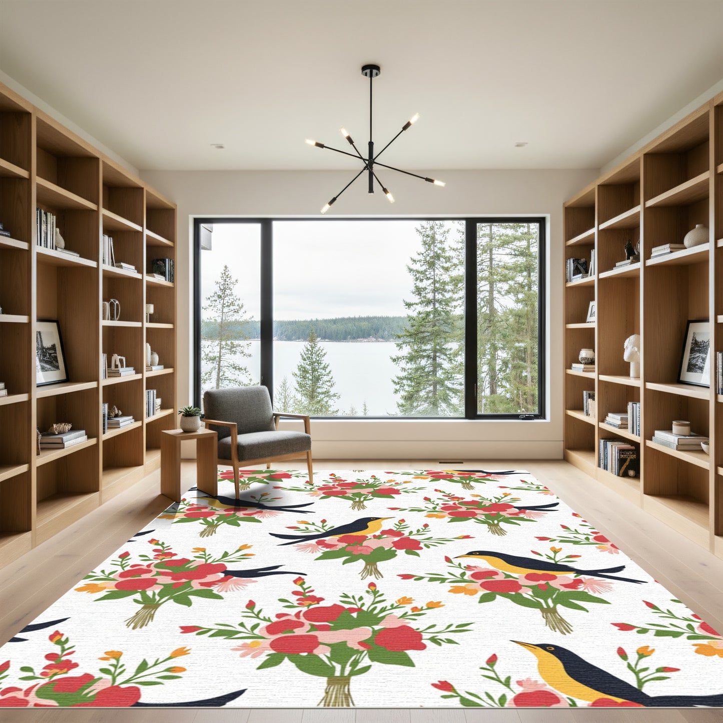 Charming Yellow Bird Red Floral Bouquet Rug