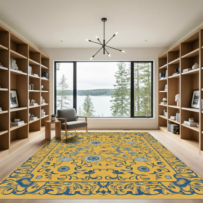 Golden Blue Floral Swirl Medallion Rug