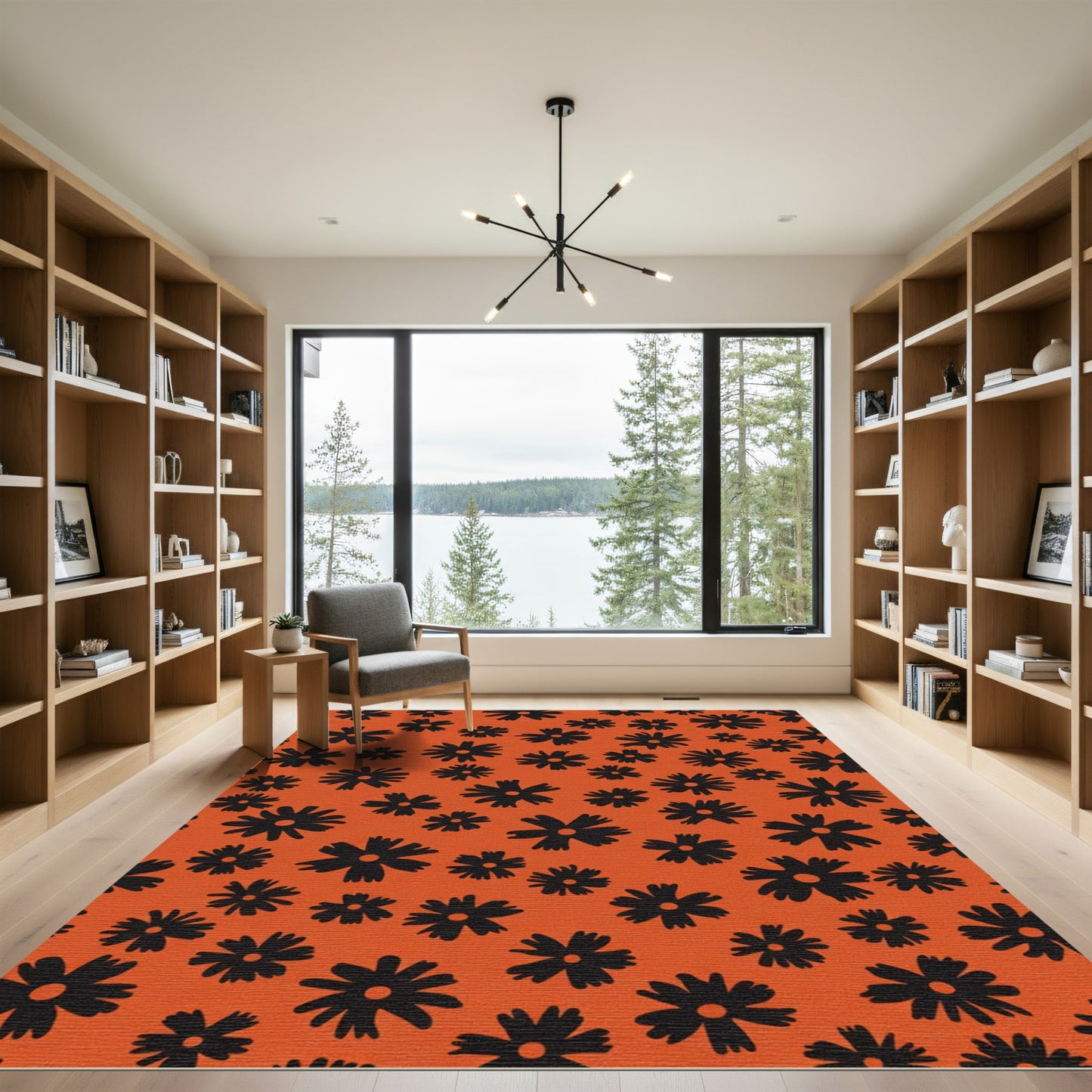 Black Floral Garden Orange Rug