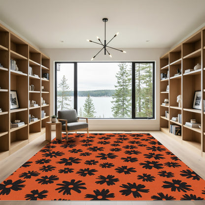 Black Floral Garden Orange Rug