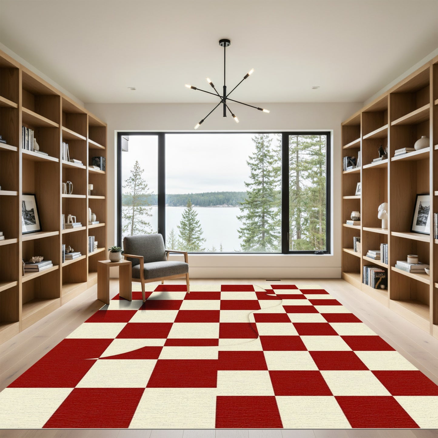 Red Cream Checkered Geometric Overlay Rug