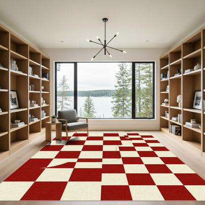 Red Cream Checkered Geometric Overlay Rug