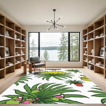 Whimsical Green Dinosaur Tropical Scene Rug