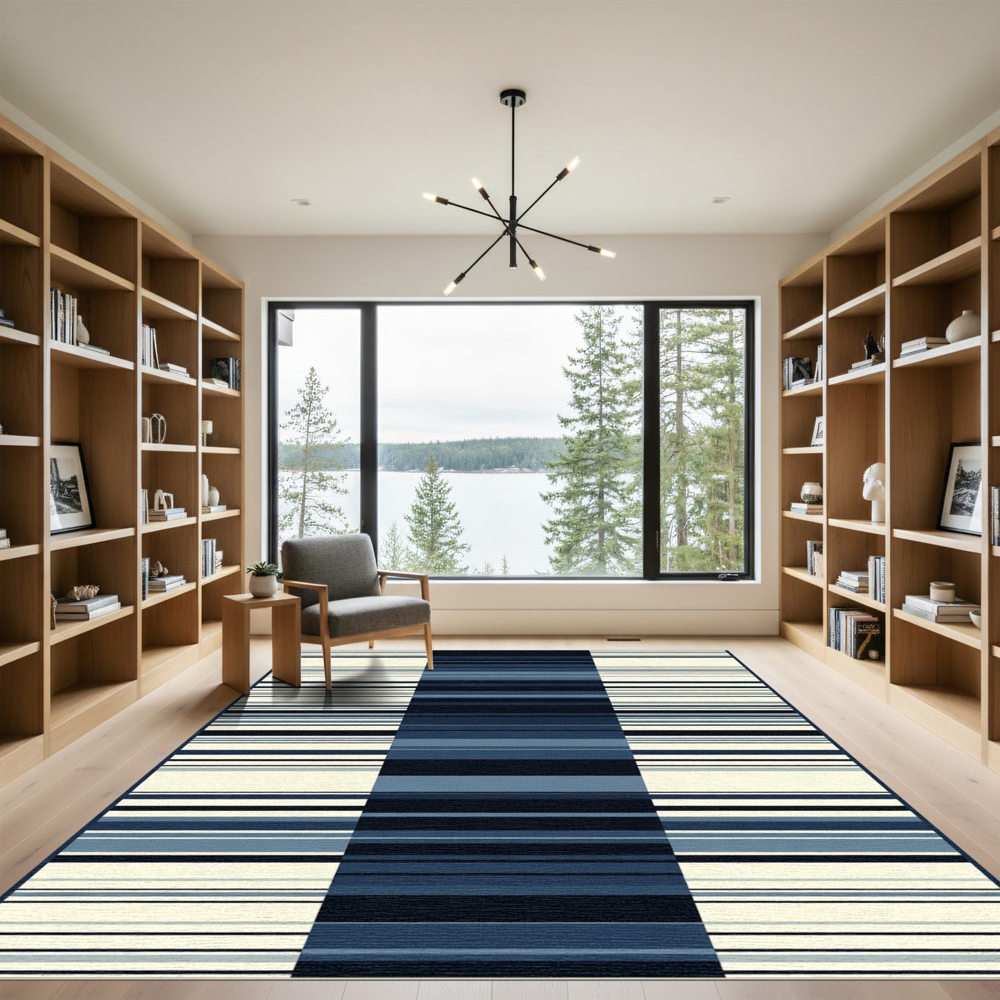 Midnight Blue Cream Striped Rectangles Rug