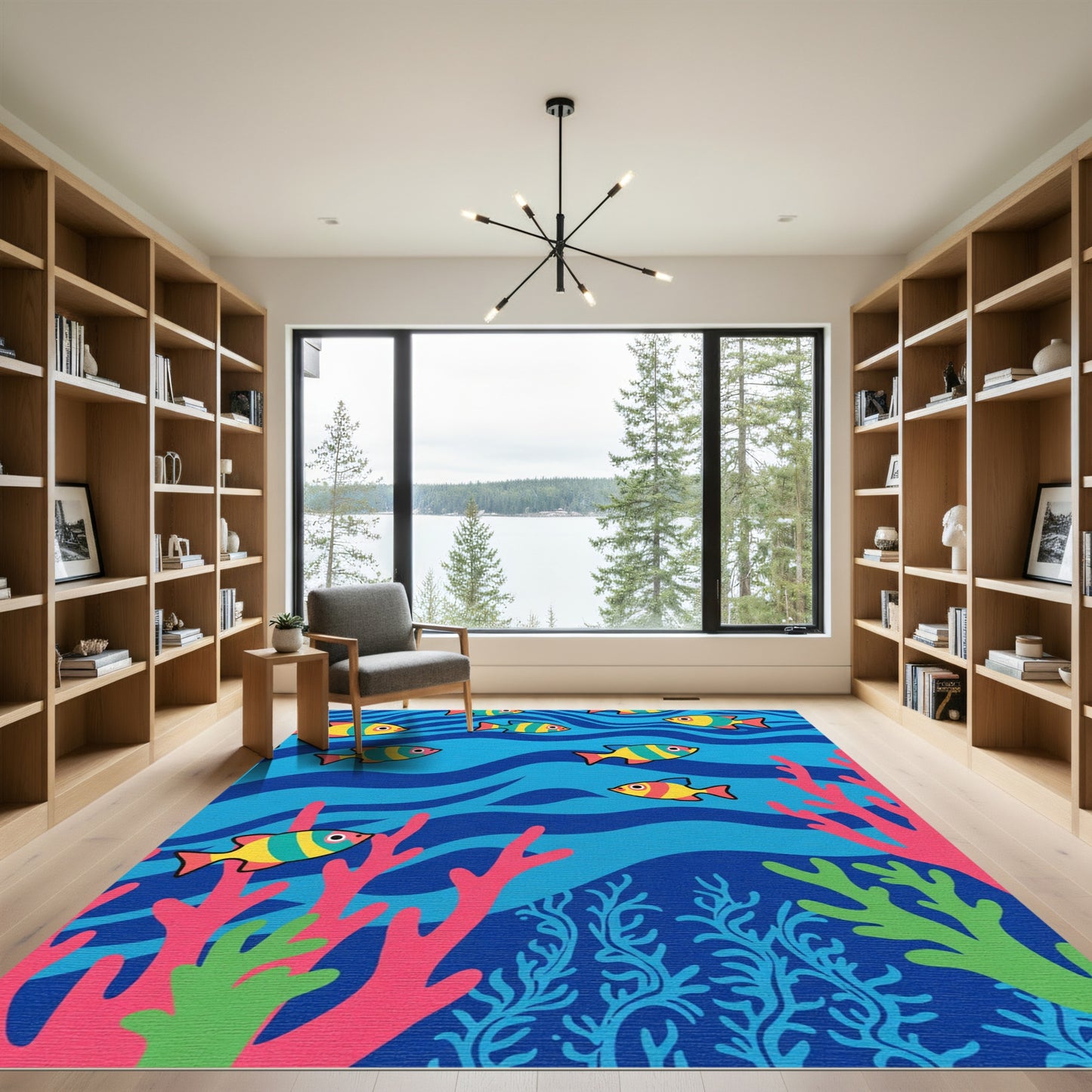 Playful Yellow Striped Fish Coral Reef Rug