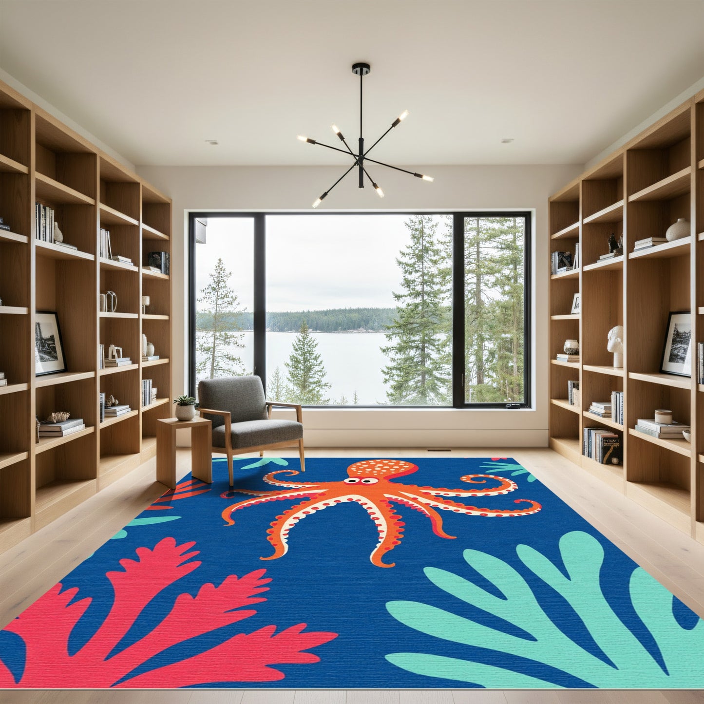 Orange Octopus Coral Reef Scene Rug