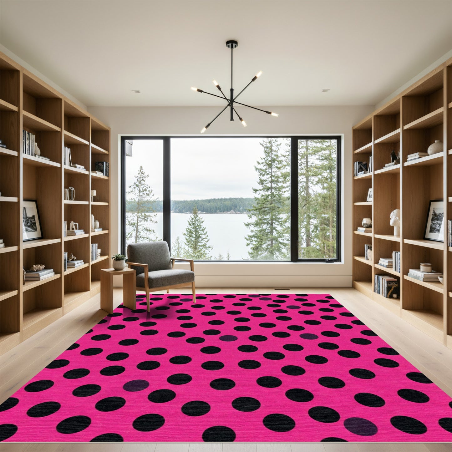 Bright Pink Black Polka Dot Round Rug