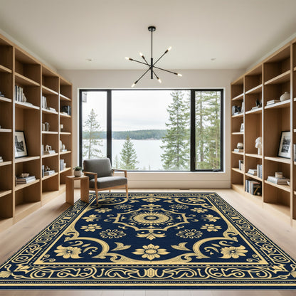Navy Gold Floral Medallion Border Rug