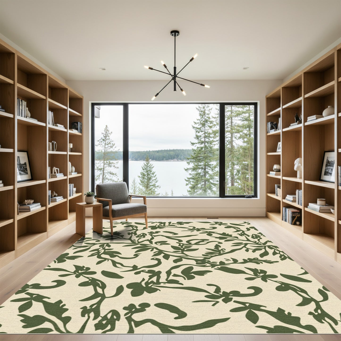 Olive Green Floral Vine Scroll Rug