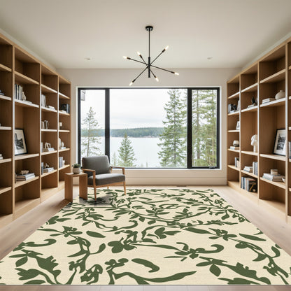 Olive Green Floral Vine Scroll Rug
