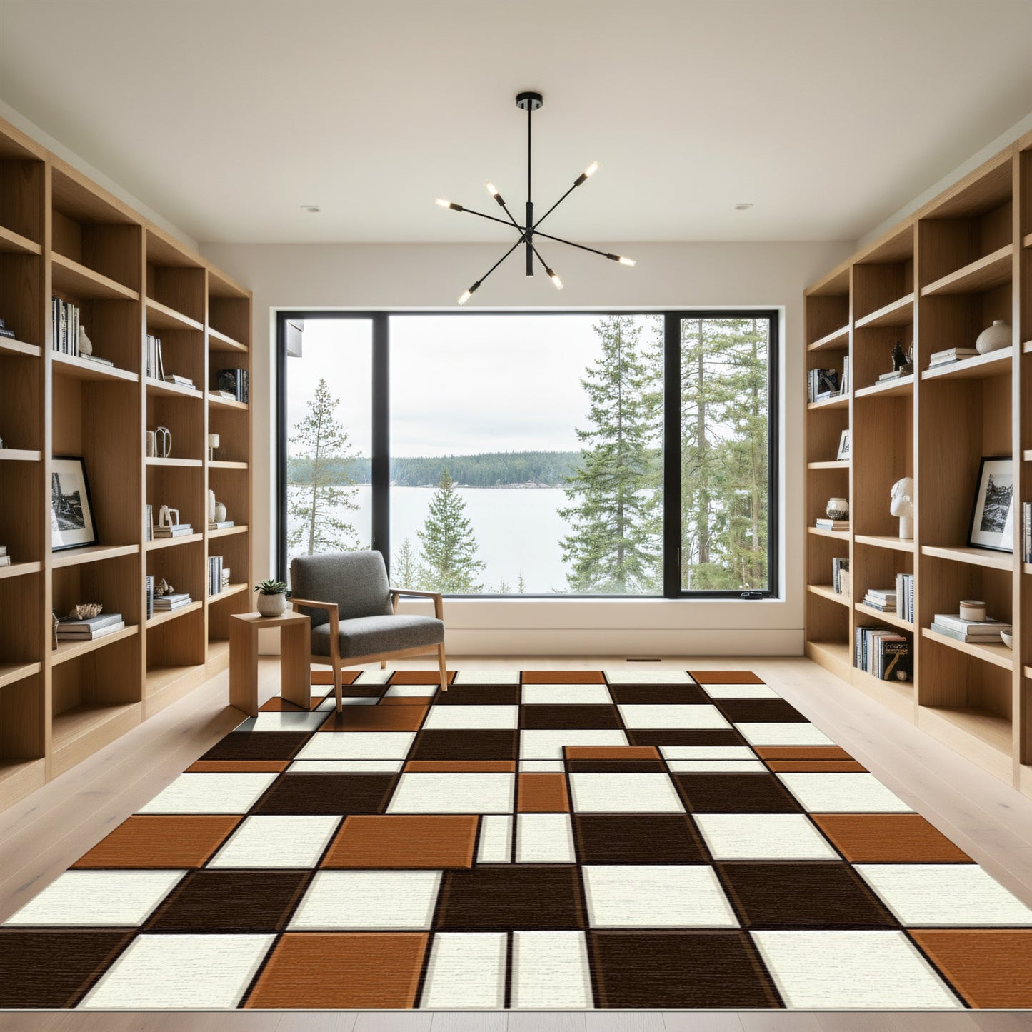 Moden Chessboard Tan Squares Accents Rug