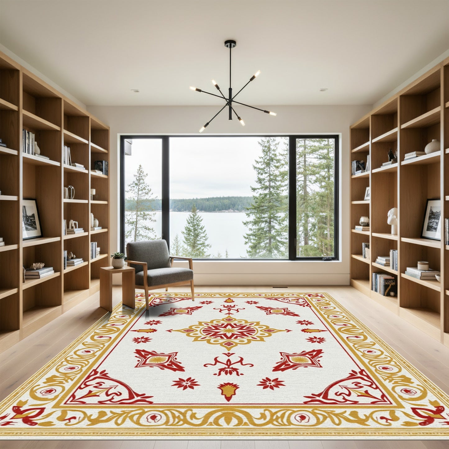 Crimson Gold Floral Mandala Rug
