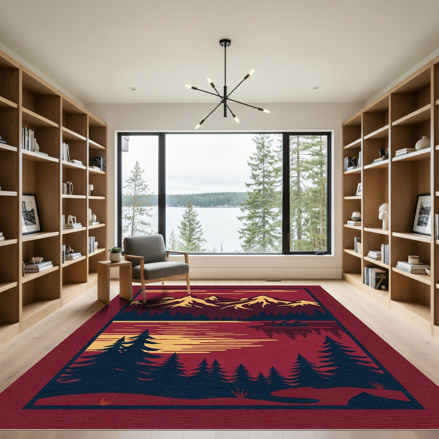 Crimson Mountain Lake Cabin Landscape Rug