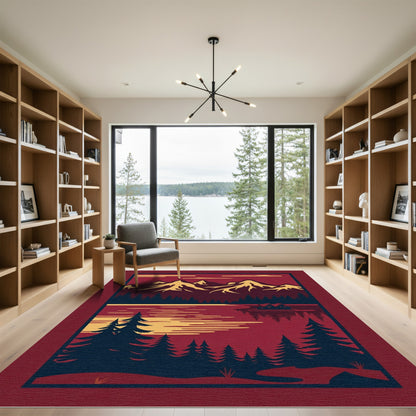 Crimson Mountain Lake Cabin Landscape Rug