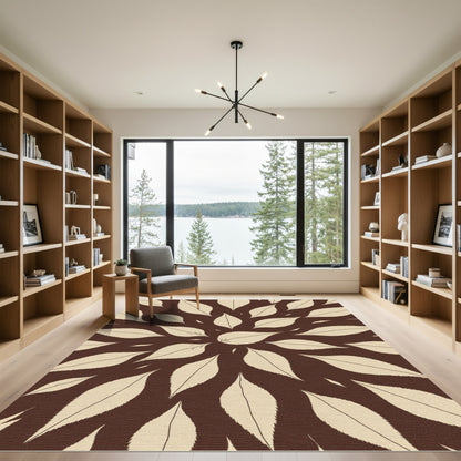 Cream Brown Leaf Mandala Rug