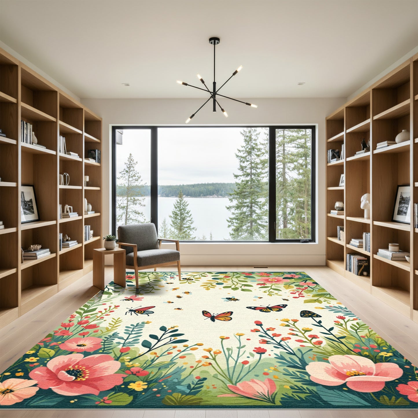 Whimsical Floral Butterfly Bee Garden Rug