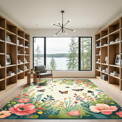 Whimsical Floral Butterfly Bee Garden Rug