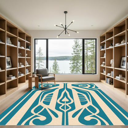 Teal cream organic art nouveau flow Rug