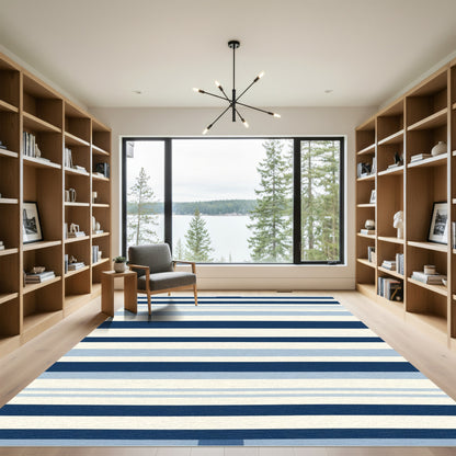 Navy Cream Striped Polka Dot Rug