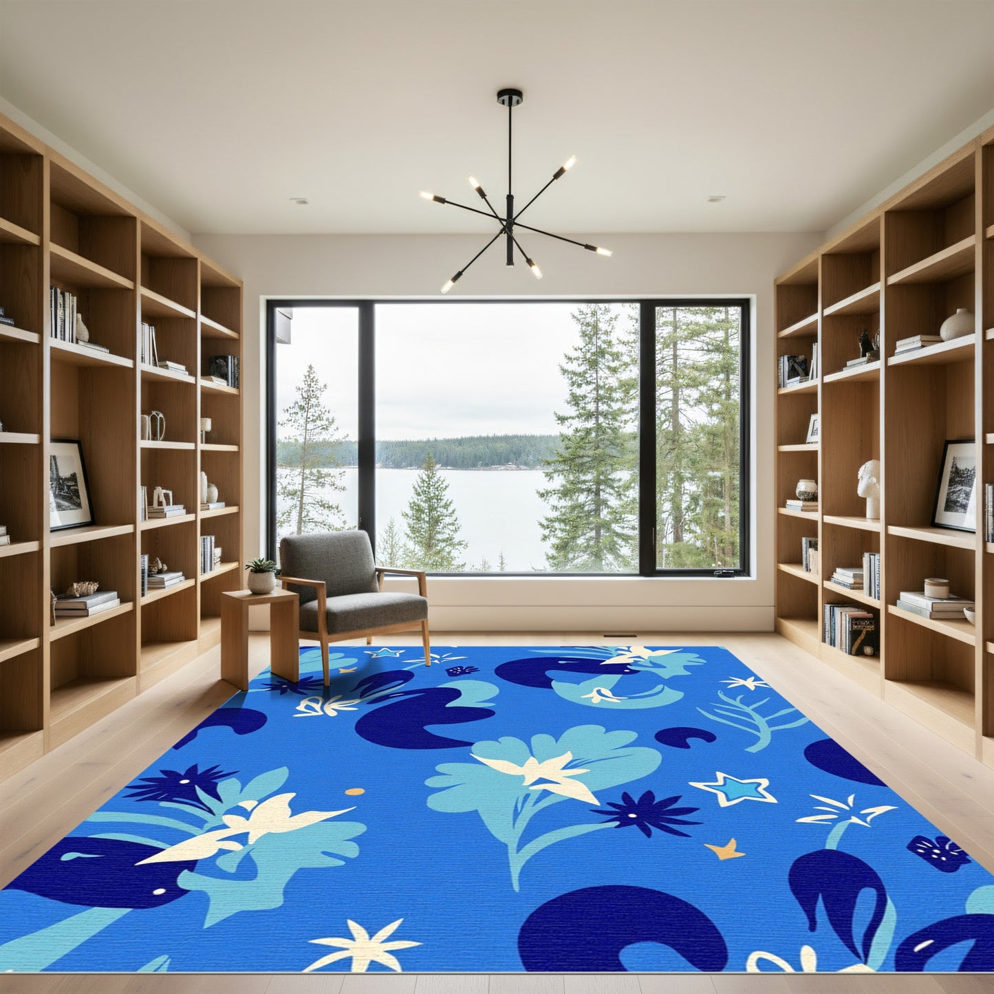 Bold Blue Abstract Floral Star Pattern Rug