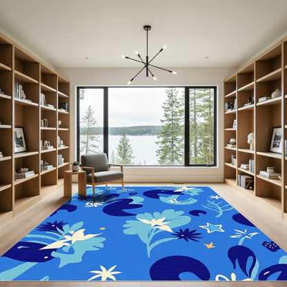 Bold Blue Abstract Floral Star Pattern Rug