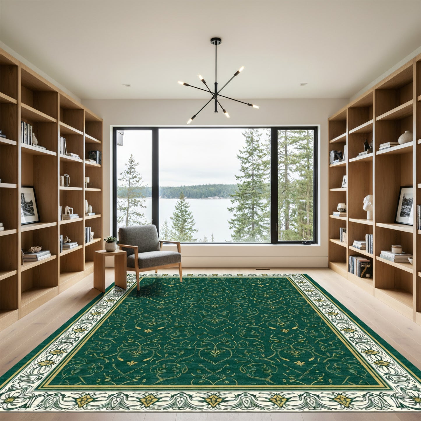 Emerald Green Golden Floral Scroll Rug