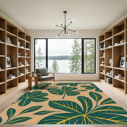 Deep Teal Yellow Leaf Foliage Tapestry Rug