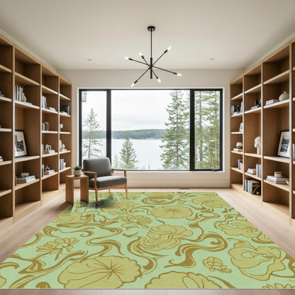 Golden Floral Water Lily Swirls Rug