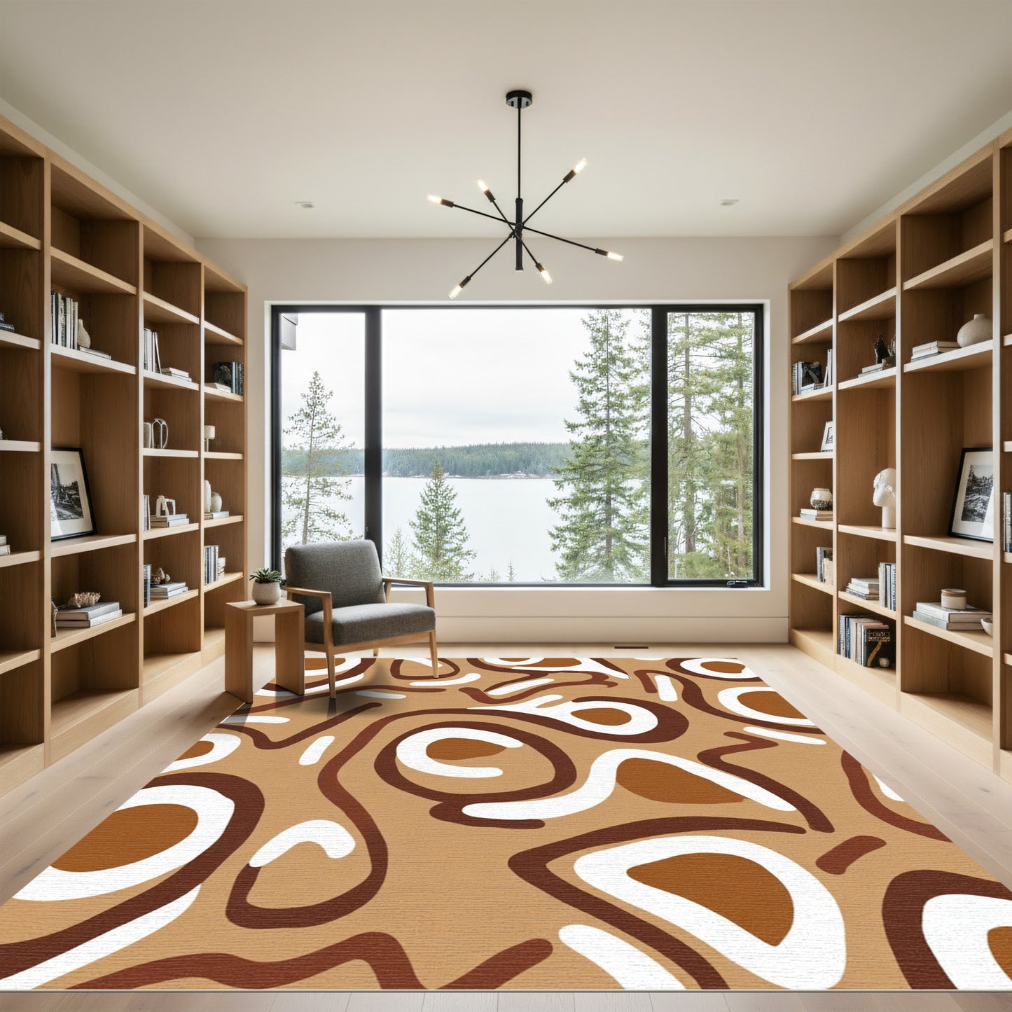 Brown and White Abstract Organic Flow Rug