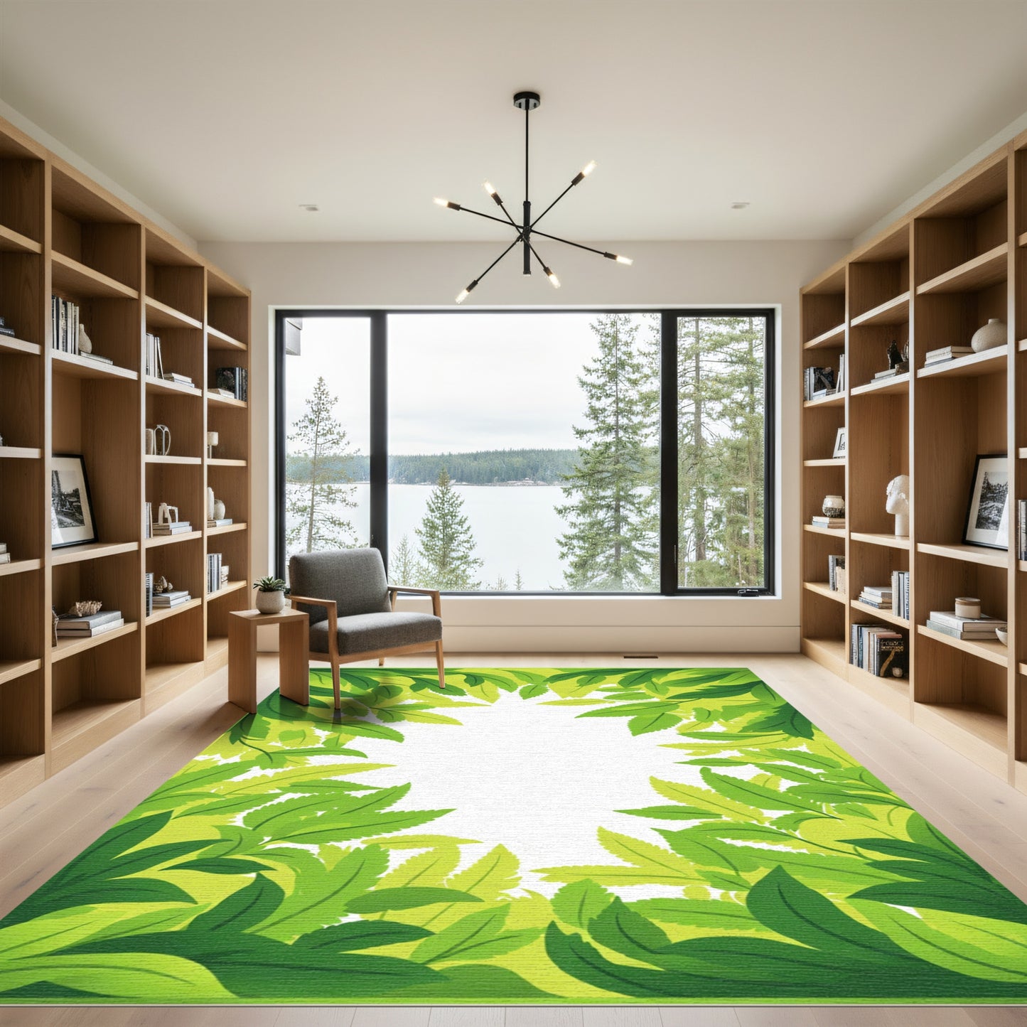 Vibrant Lush Green Leafy Border Rug