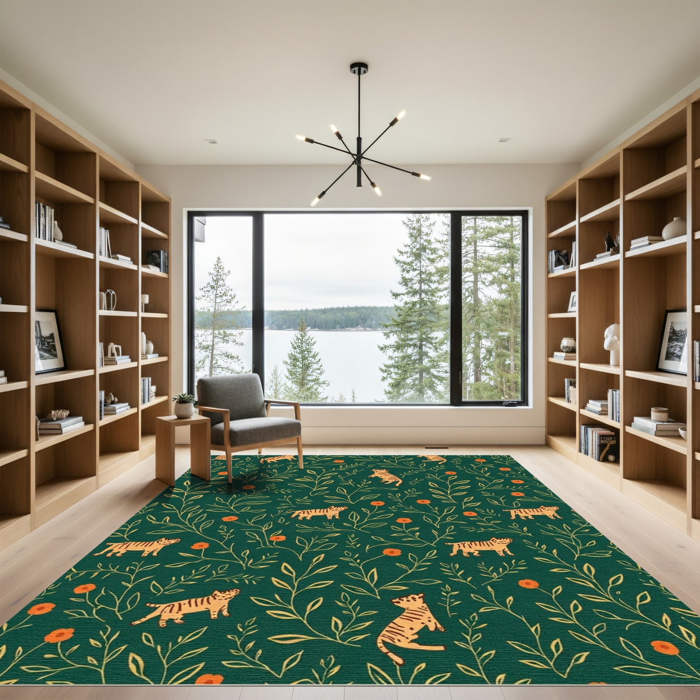 Tigers Among Oranges Botanical Emerald Rug