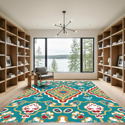 Teal Red Golden Floral Medallion Rug