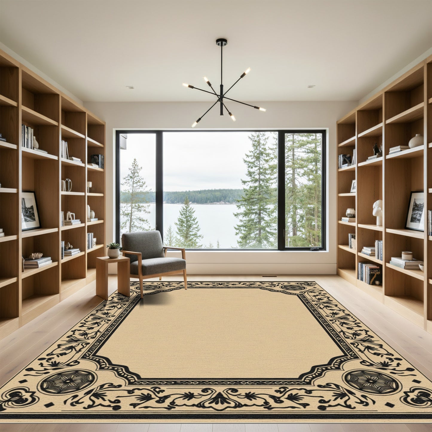 Black Floral Scroll Medallion Frame Rug