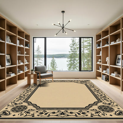 Black Floral Scroll Medallion Frame Rug