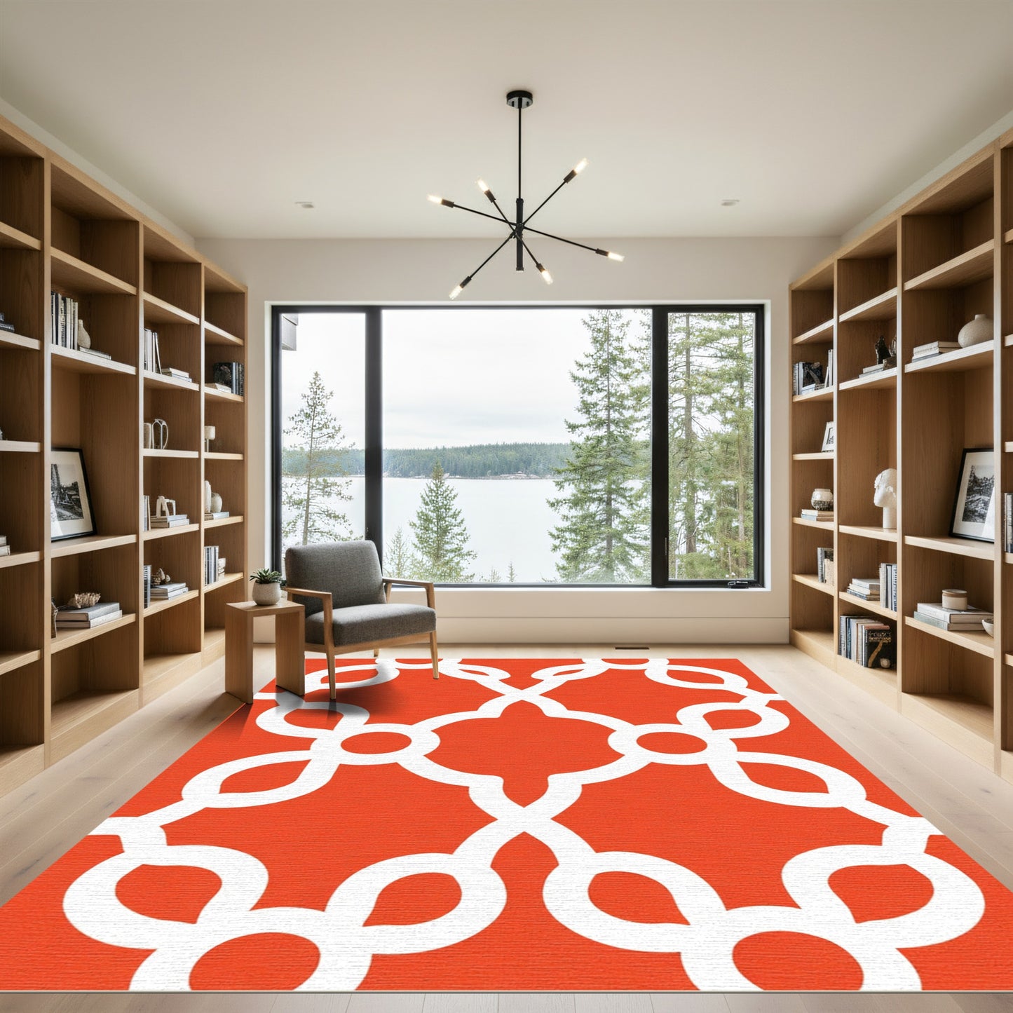 Vibrant Orange White Trellis Geometric Rug