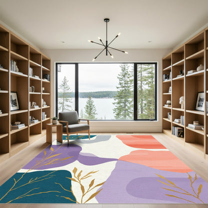 Abstract Botanical Harmony Gold and Coral Rug