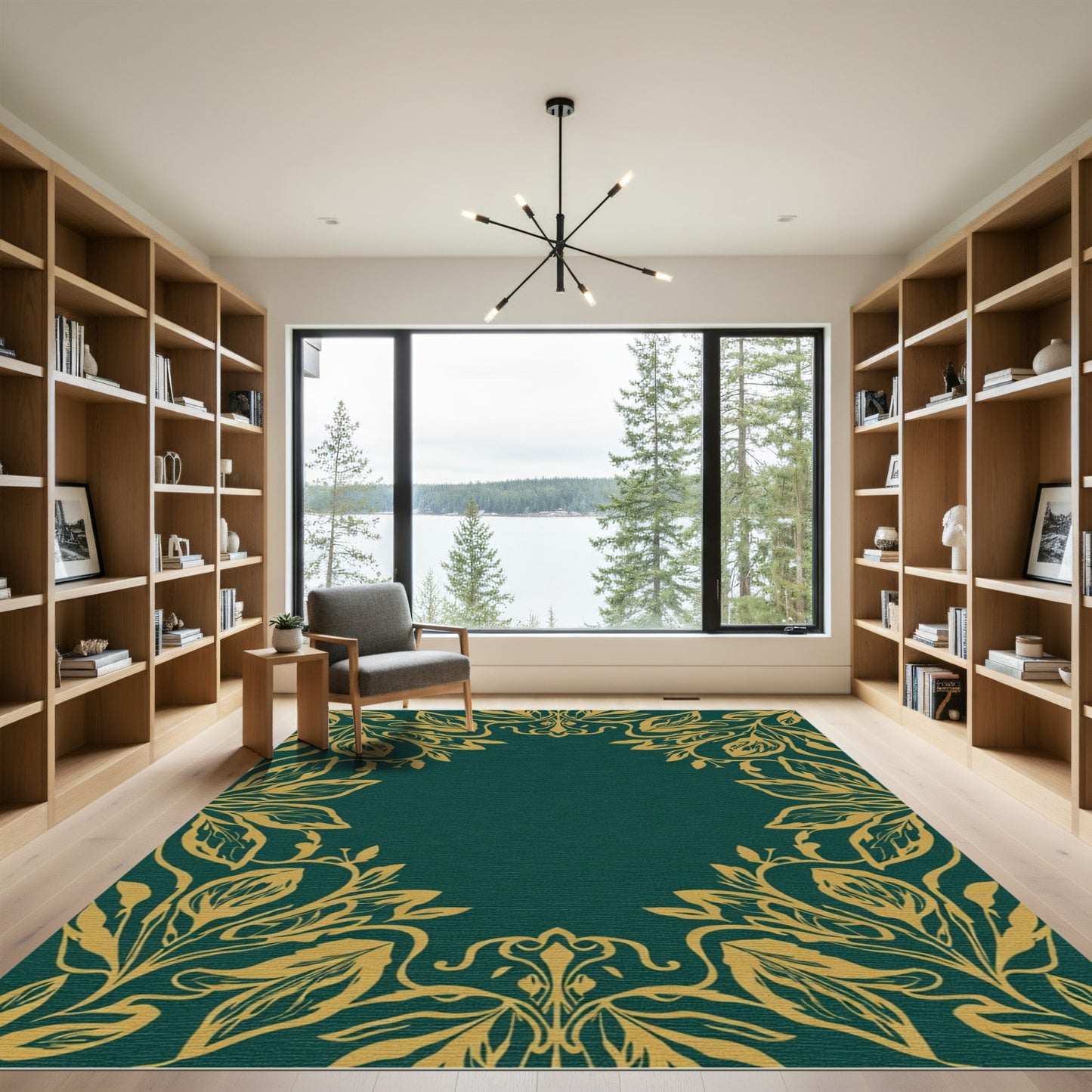 Golden Foliage Vine Teal Frame Rug