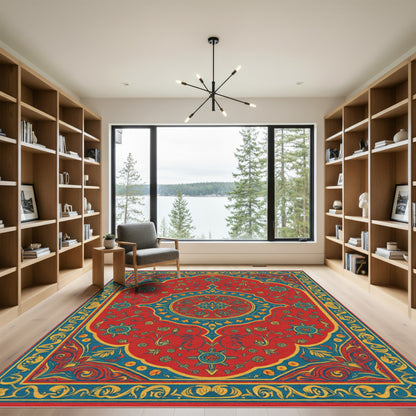 Crimson Blue Floral Medallion Rug