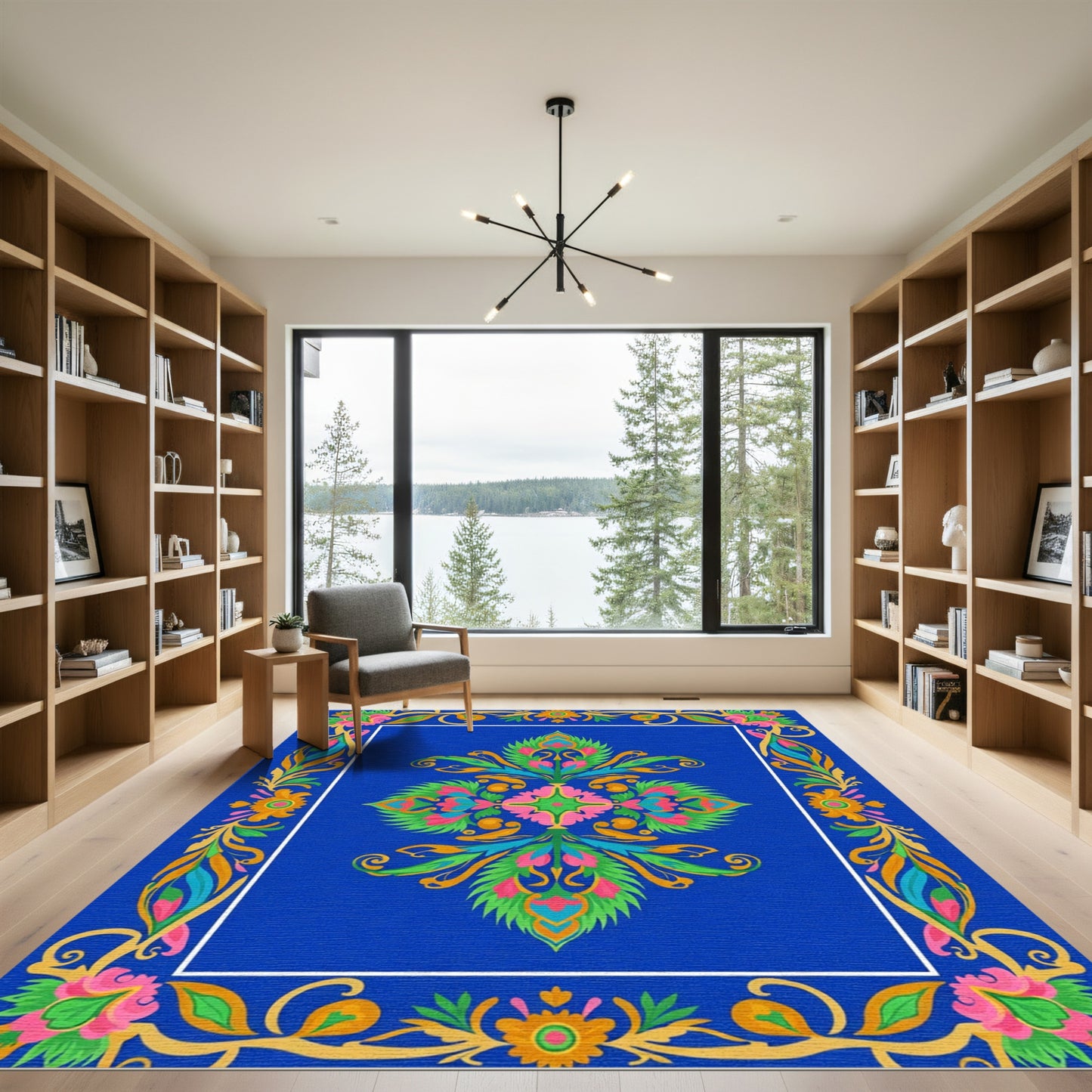 Vibrant Blue Floral Medallion Border Rug