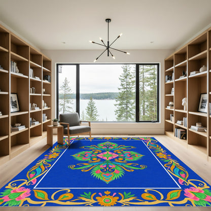 Vibrant Blue Floral Medallion Border Rug