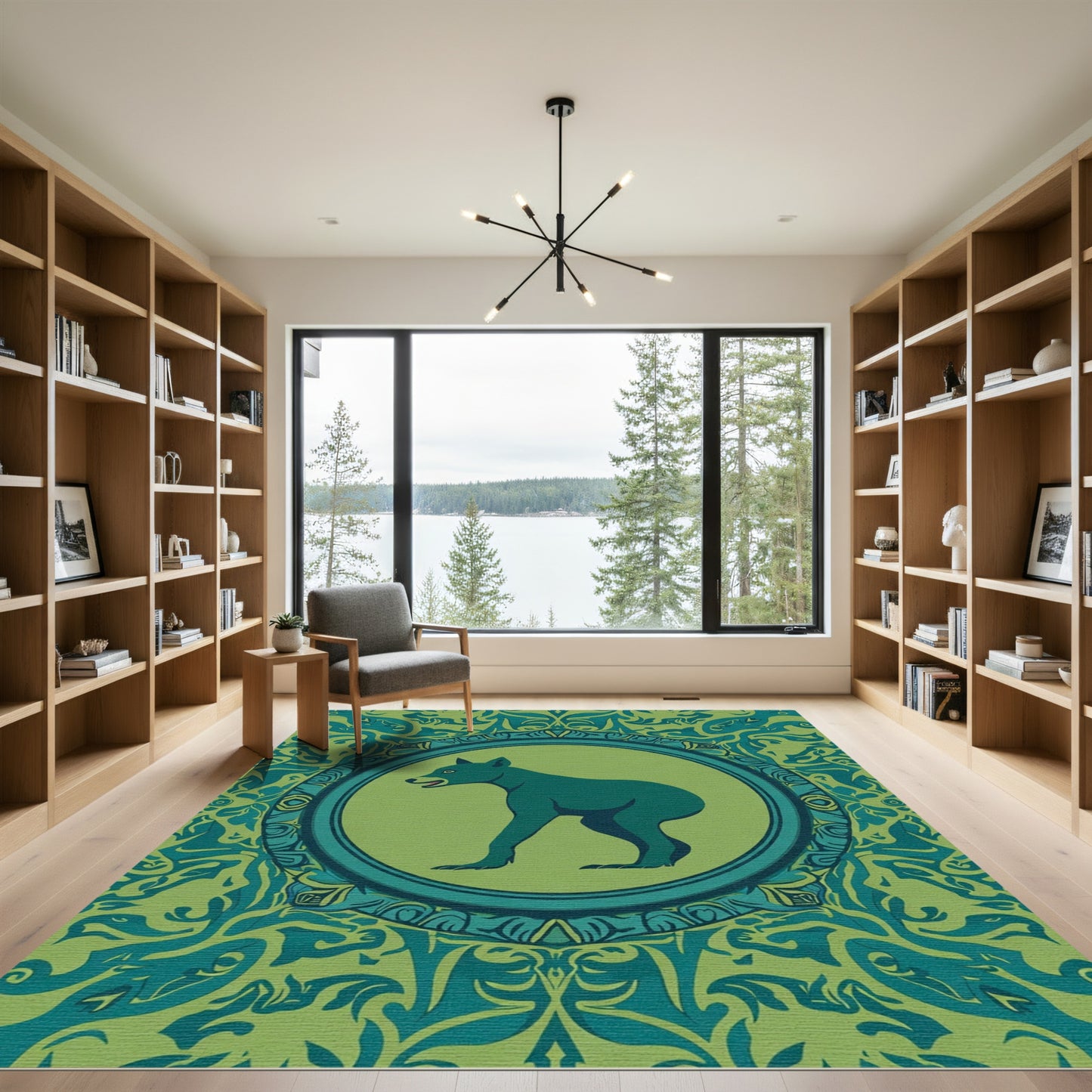Green Wolf Medallion With Forest Border Rug