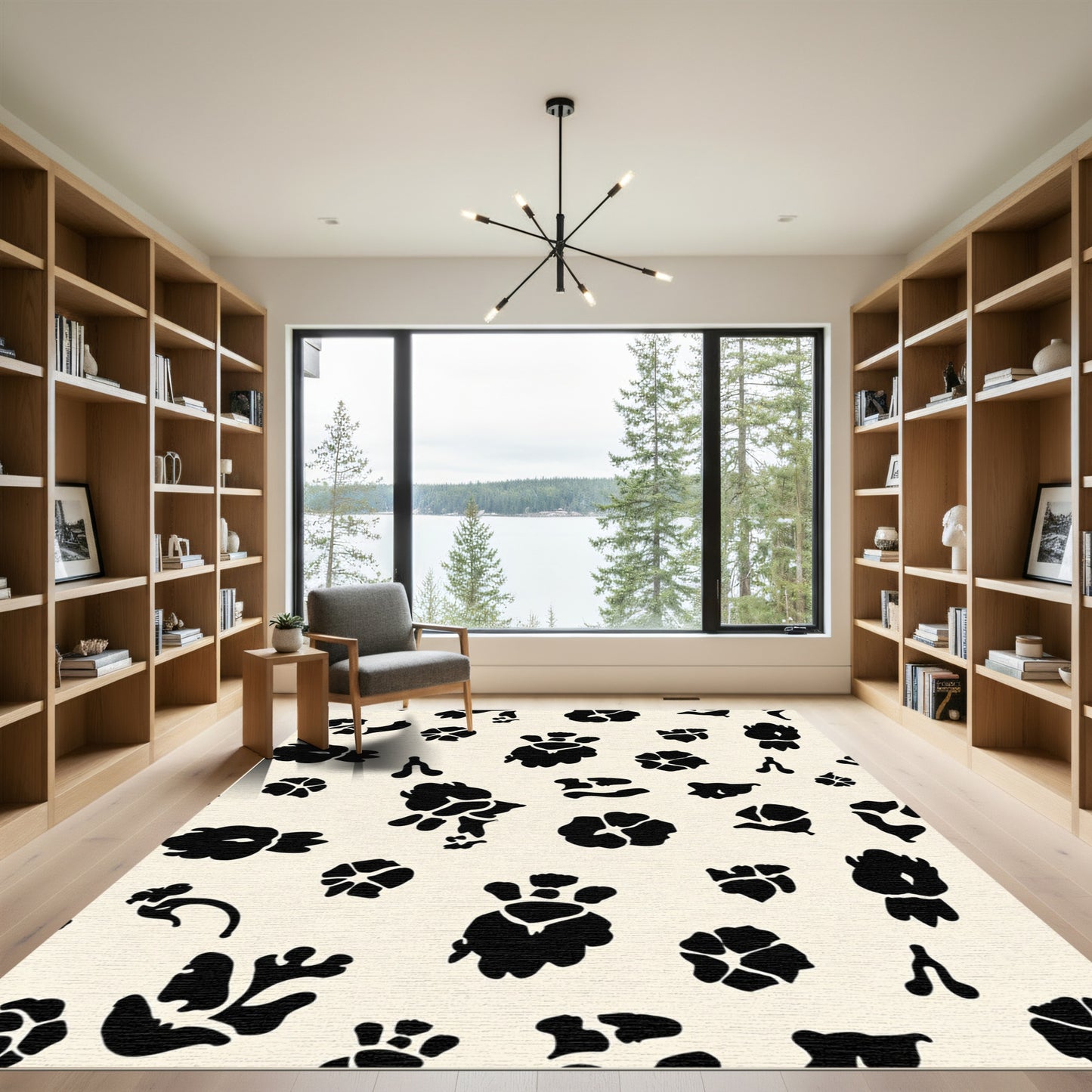 Whimsical Black Floral Blossom Background Rug