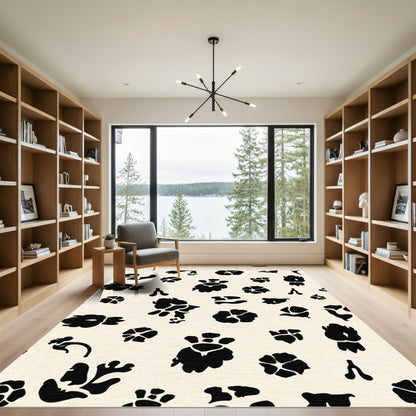 Whimsical Black Floral Blossom Background Rug
