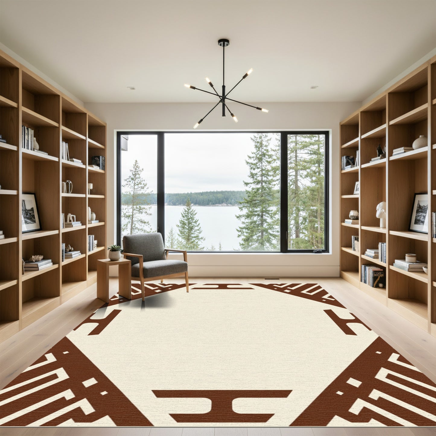 Tan Brown Geometric Diamond Frame Rug